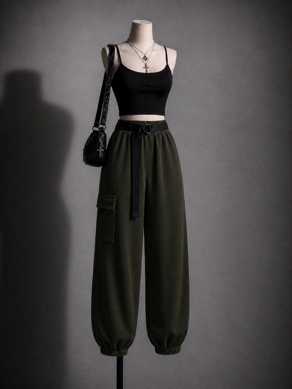 SHEIN Olive Green Cargo Joggers with Black Belt